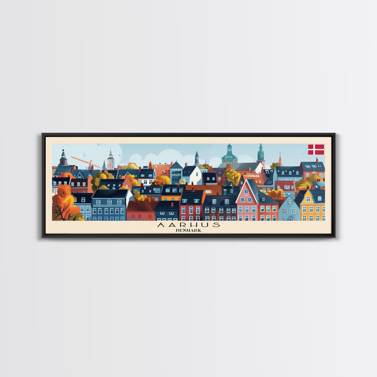 Aarhus Denmark Panoramic Travel Poster, Framed Canvas Print or Metal Wall Art, Travel Art, Home Decor, Panoramic Painting, Midcentury Art