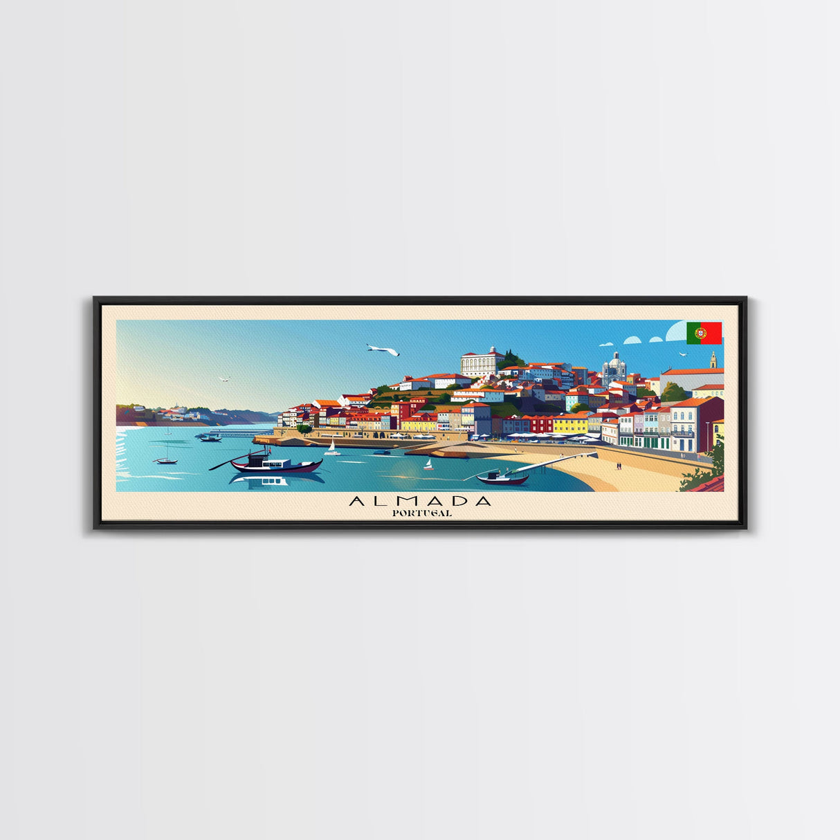 Almada Portugal Travel Art, City Art, Framed Canvas Print or Metal Wall Art, Europe Travel Poster, Panoramic Wall Art, Extra Wide Wall Art