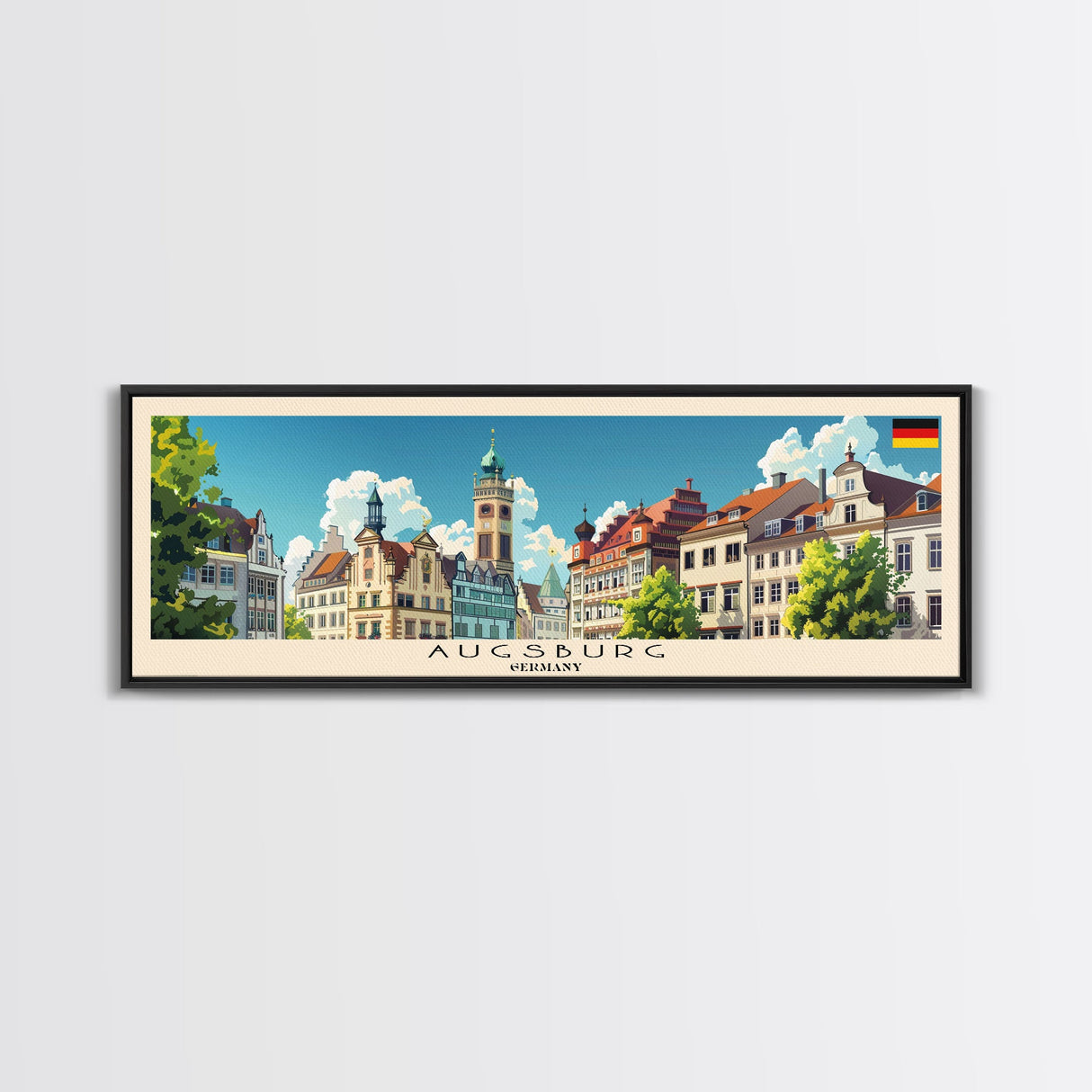 Augsburg Germany Panoramic Travel Poster, Framed Canvas Print or Metal Wall Art, Travel Art, Home Decor, Panoramic Painting, Midcentury Art