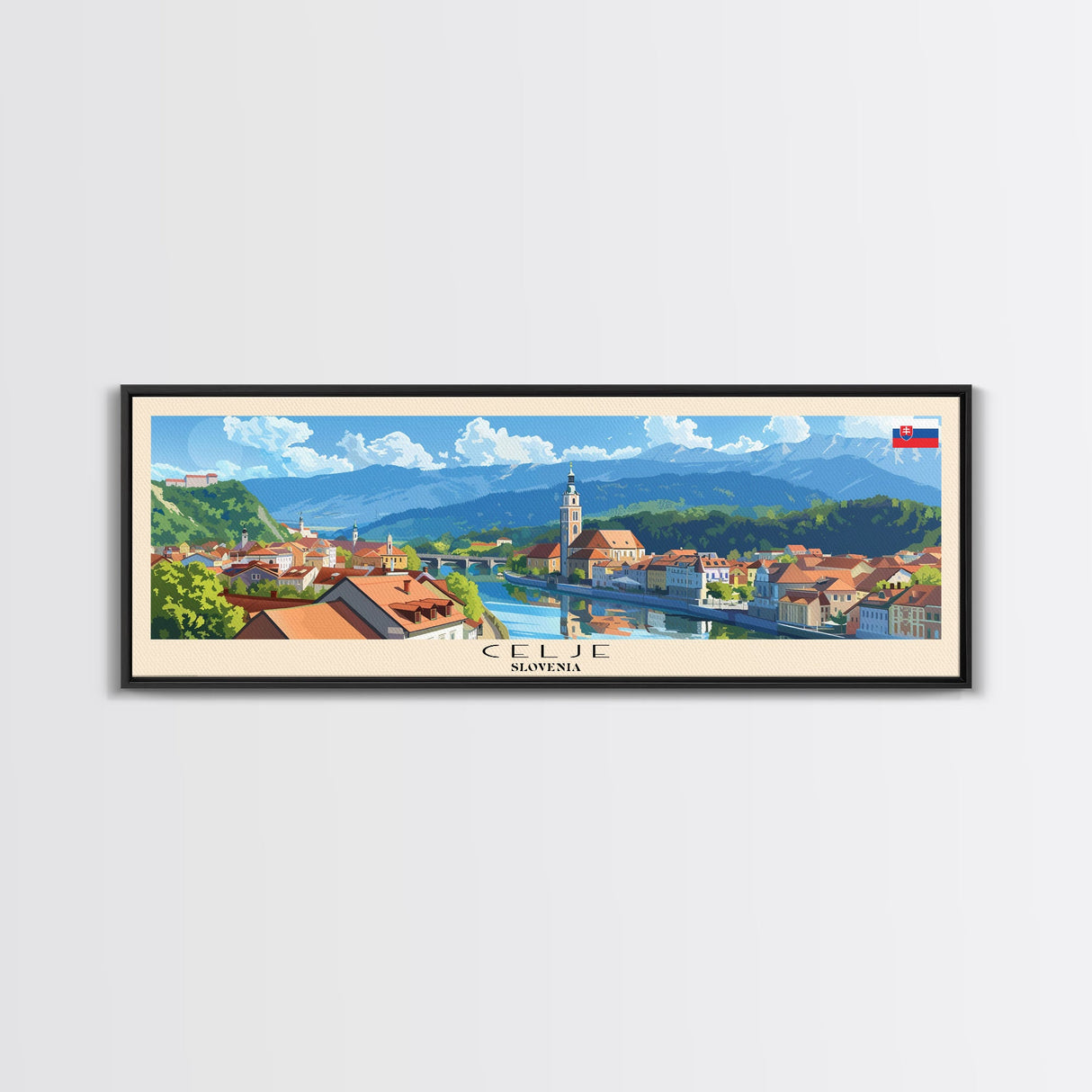 Celje Slovenia Panoramic Travel Poster, Framed Canvas Print or Metal Wall Art, Travel Art, Home Decor, Panoramic Painting, Midcentury Art