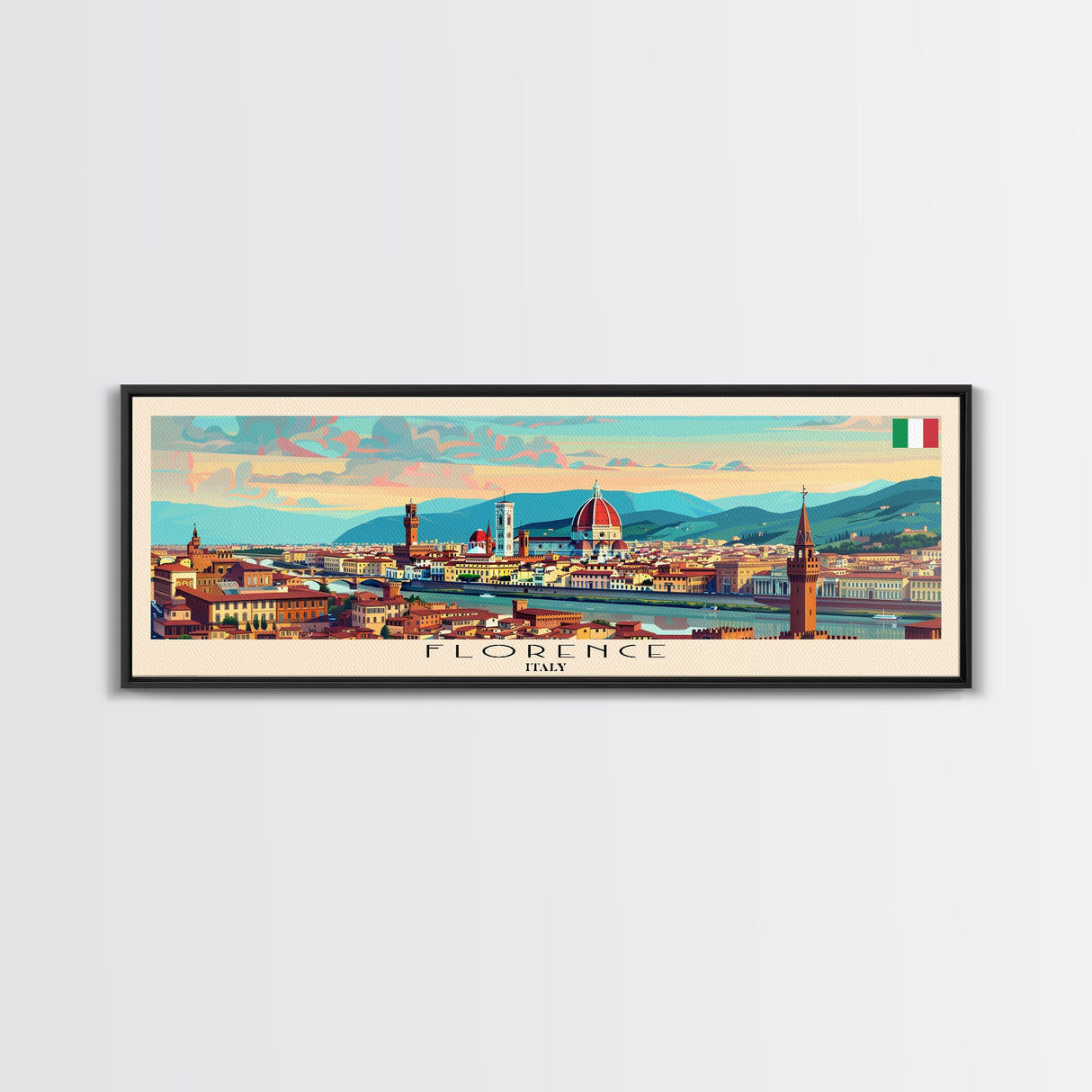 Florence Italy Panoramic Travel Poster, Framed Canvas Print or Metal Wall Art, Travel Art, Home Decor, Panoramic Painting, Midcentury Art