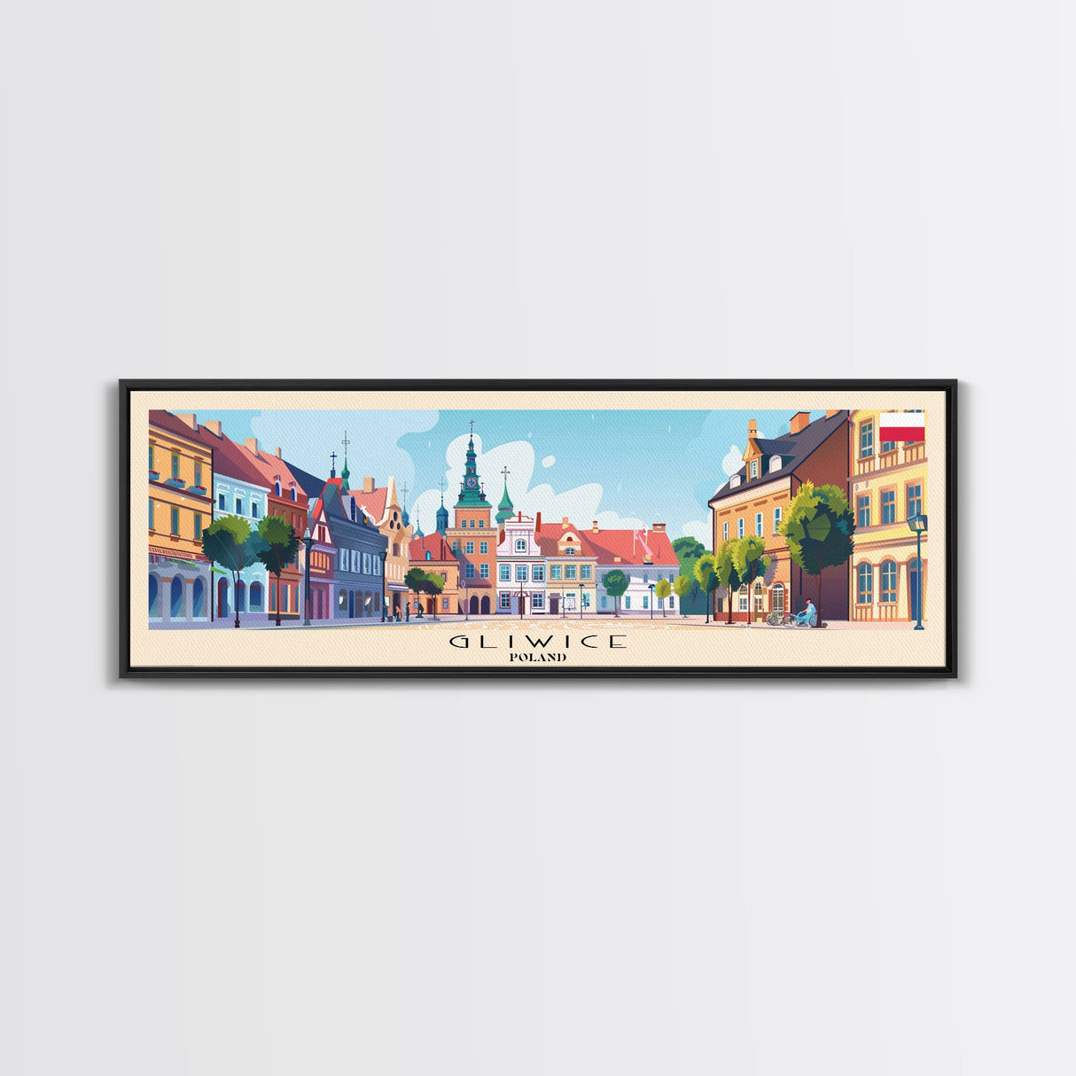 Gliwice Poland Panoramic Travel Poster, Framed Canvas Print or Metal Wall Art, Travel Art, Home Decor, Panoramic Painting, Midcentury Art
