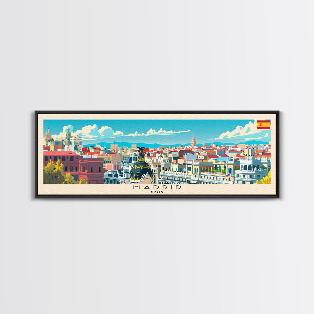 Madrid Spain Panoramic Travel Poster, Framed Canvas Print or Metal Wall Art, Travel Art, Home Decor, Panoramic Painting, Midcentury Art