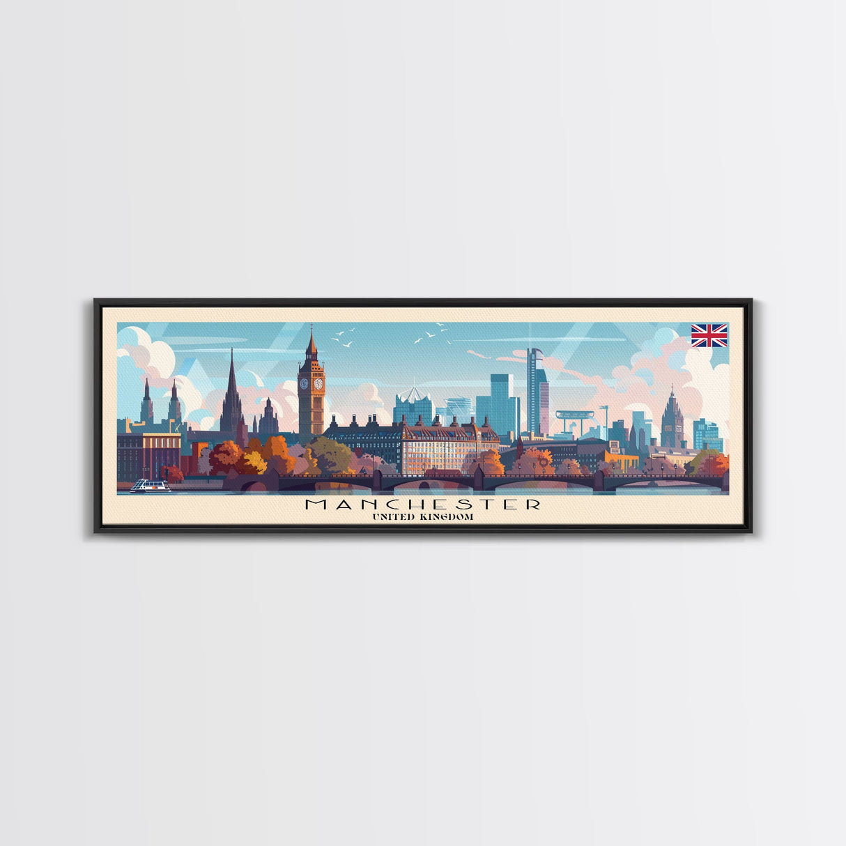 Manchester United Kingdom Panoramic Travel Poster, Framed Canvas Print or Metal Wall Art, Travel Art, Home Decor, Panoramic Painting, Midcentury Art