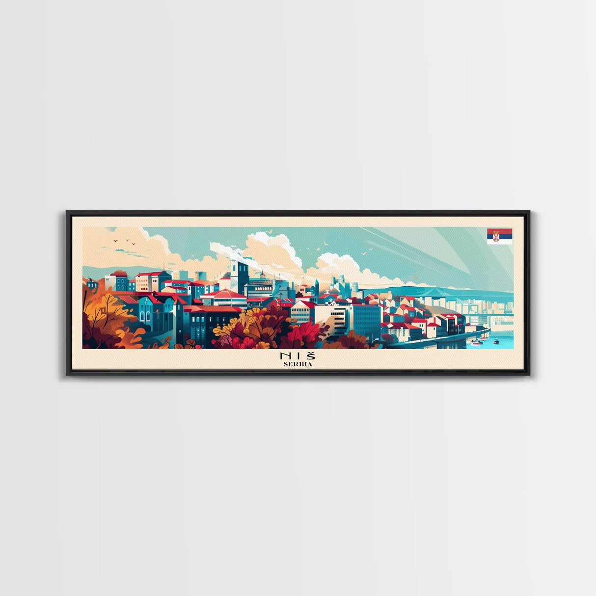 Niš Serbia Panoramic Travel Poster, Framed Canvas Print or Metal Wall Art, Travel Art, Home Decor, Panoramic Painting, Midcentury Art