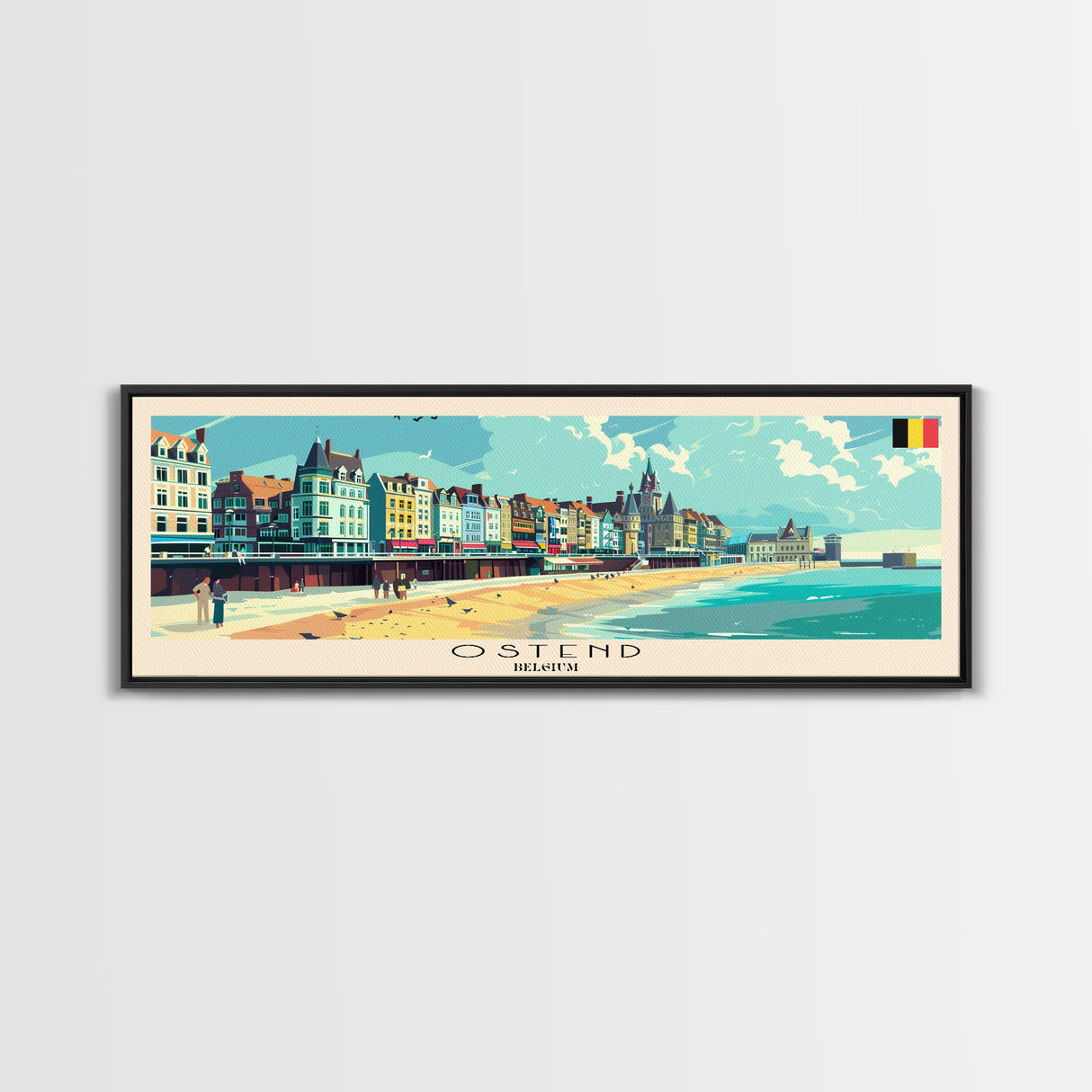 Ostend Belgium Panoramic Travel Poster, Framed Canvas Print or Metal Wall Art, Travel Art, Home Decor, Panoramic Painting, Midcentury Art