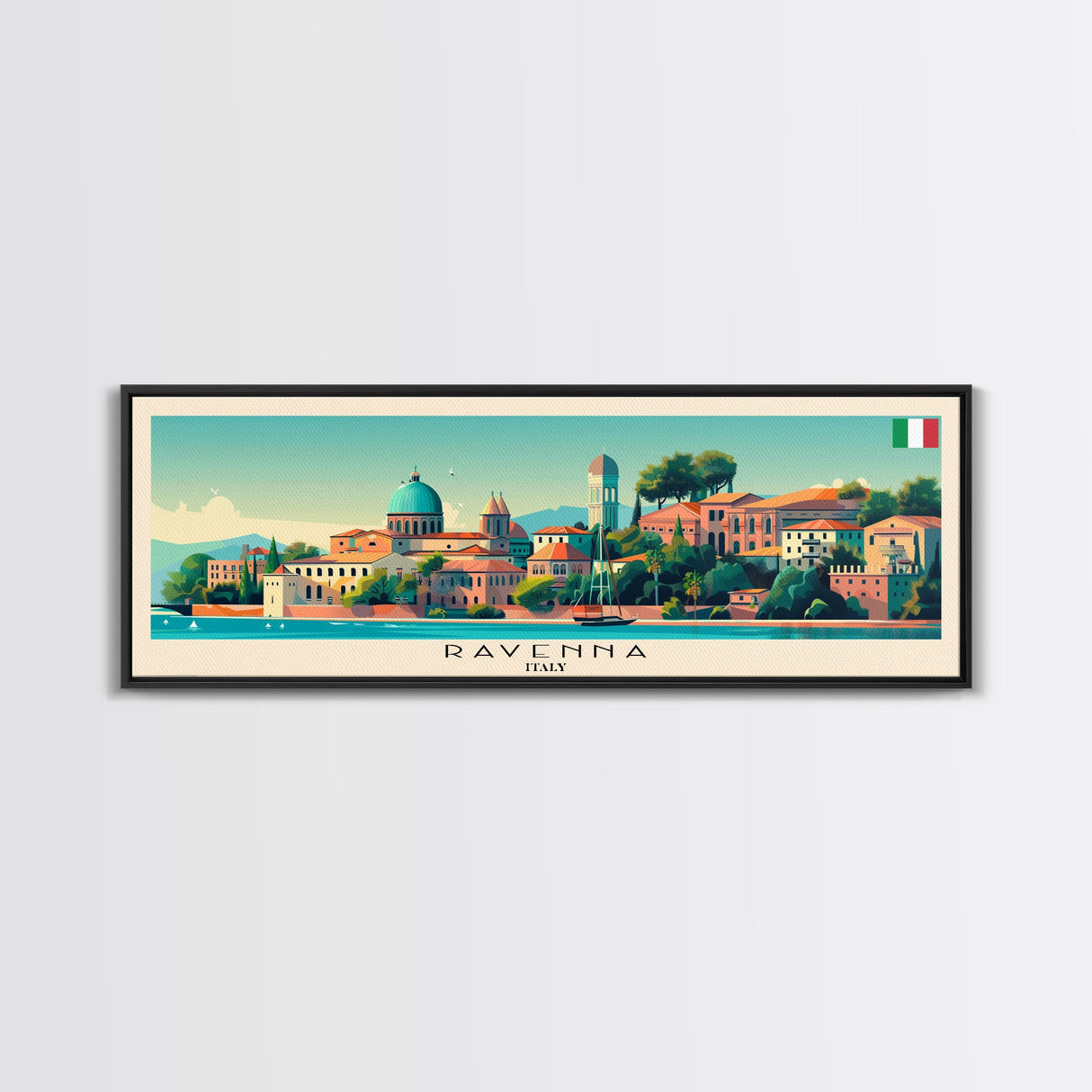 Ravenna Italy Panoramic Travel Poster, Framed Canvas Print or Metal Wall Art, Travel Art, Home Decor, Panoramic Painting, Midcentury Art