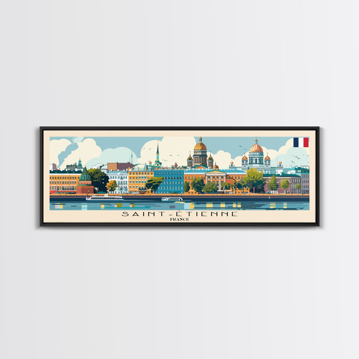 Saint Etienne France Panoramic Travel Poster, Framed Canvas Print or Metal Wall Art, Travel Art, Home Decor, Panoramic Painting, Midcentury Art