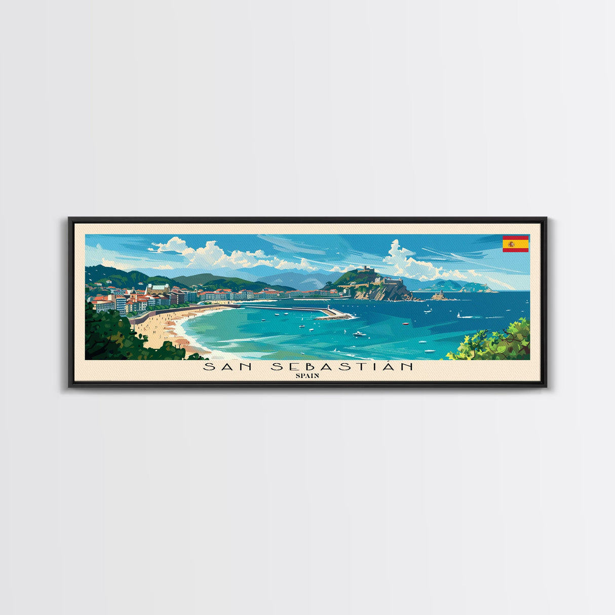 San Sebastian Spain Panoramic Travel Poster, Framed Canvas Print or Metal Wall Art, Travel Art, Home Decor, Panoramic Painting, Midcentury Art