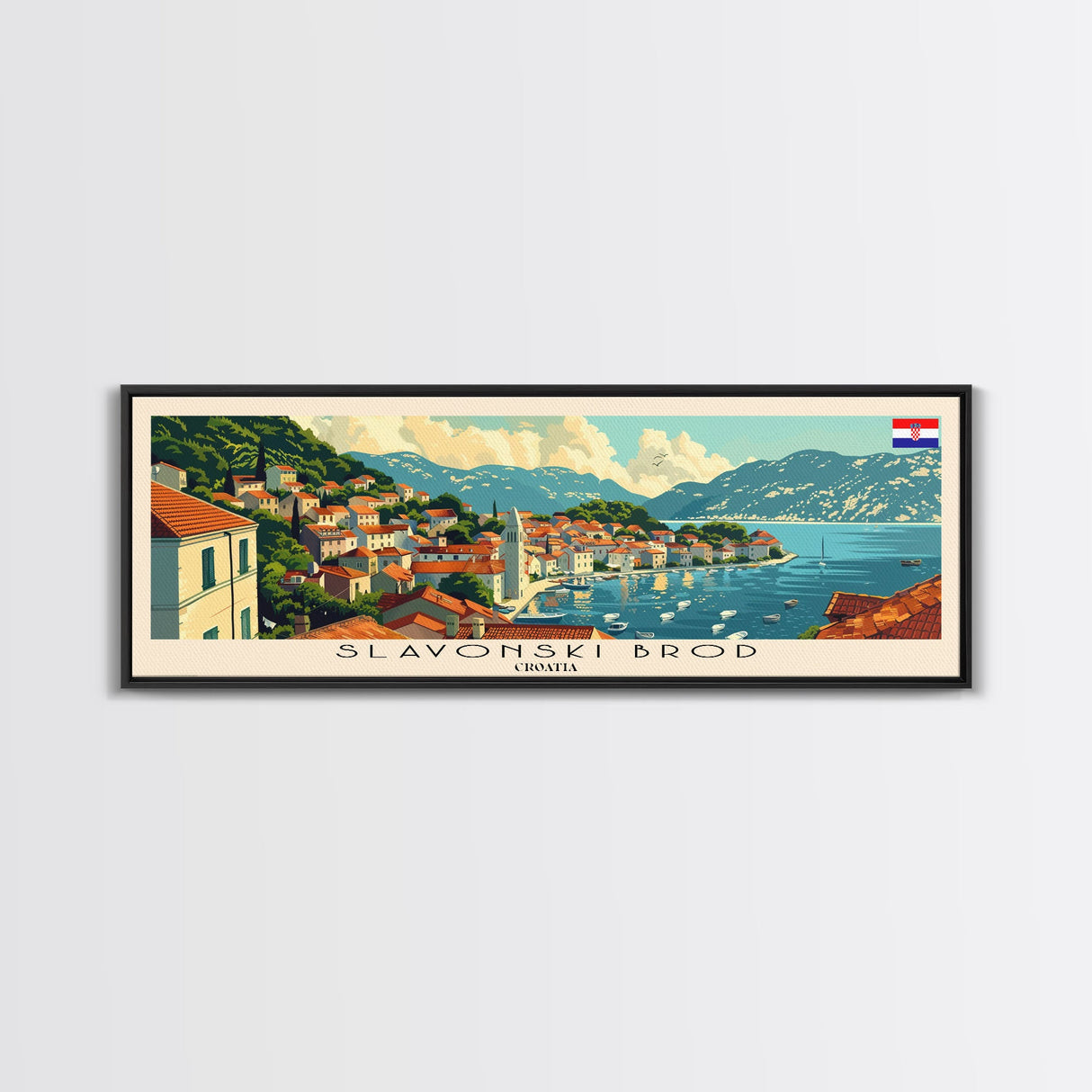 Slavonski Brod Croatia Panoramic Travel Poster, Framed Canvas Print or Metal Wall Art, Travel Art, Home Decor, Panoramic Painting, Midcentury Art