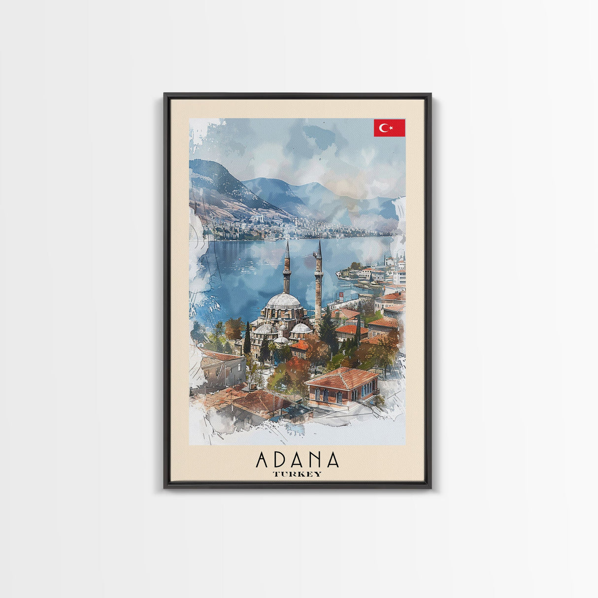 Majestic Adana Turkey Mosque View, Framed Canvas Print, Ideal for Living Room Art, Cultural Decor, Home Decoration