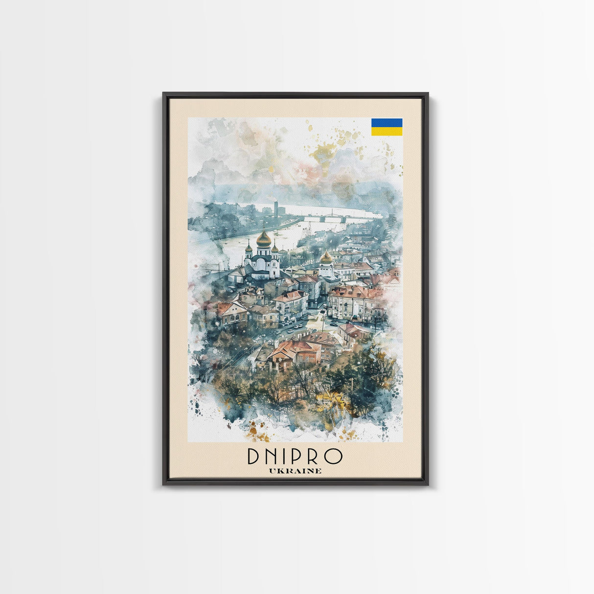Dnipro Ukraine Urban Landscape Framed Canvas Print, Watercolor Travel Poster, Eastern European Wall Art, Elegant Home Decor, Retro Cityscape Art, Living Room Accent