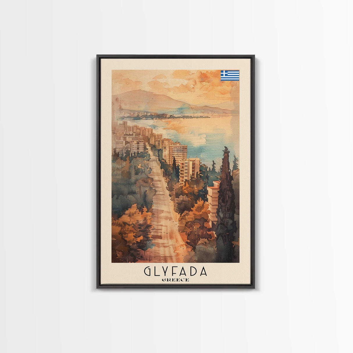 Glyfada Greece Coastline Art, Framed Canvas Print, Living Room Wall Art, Travel Poster, Home Decor, Greek Art