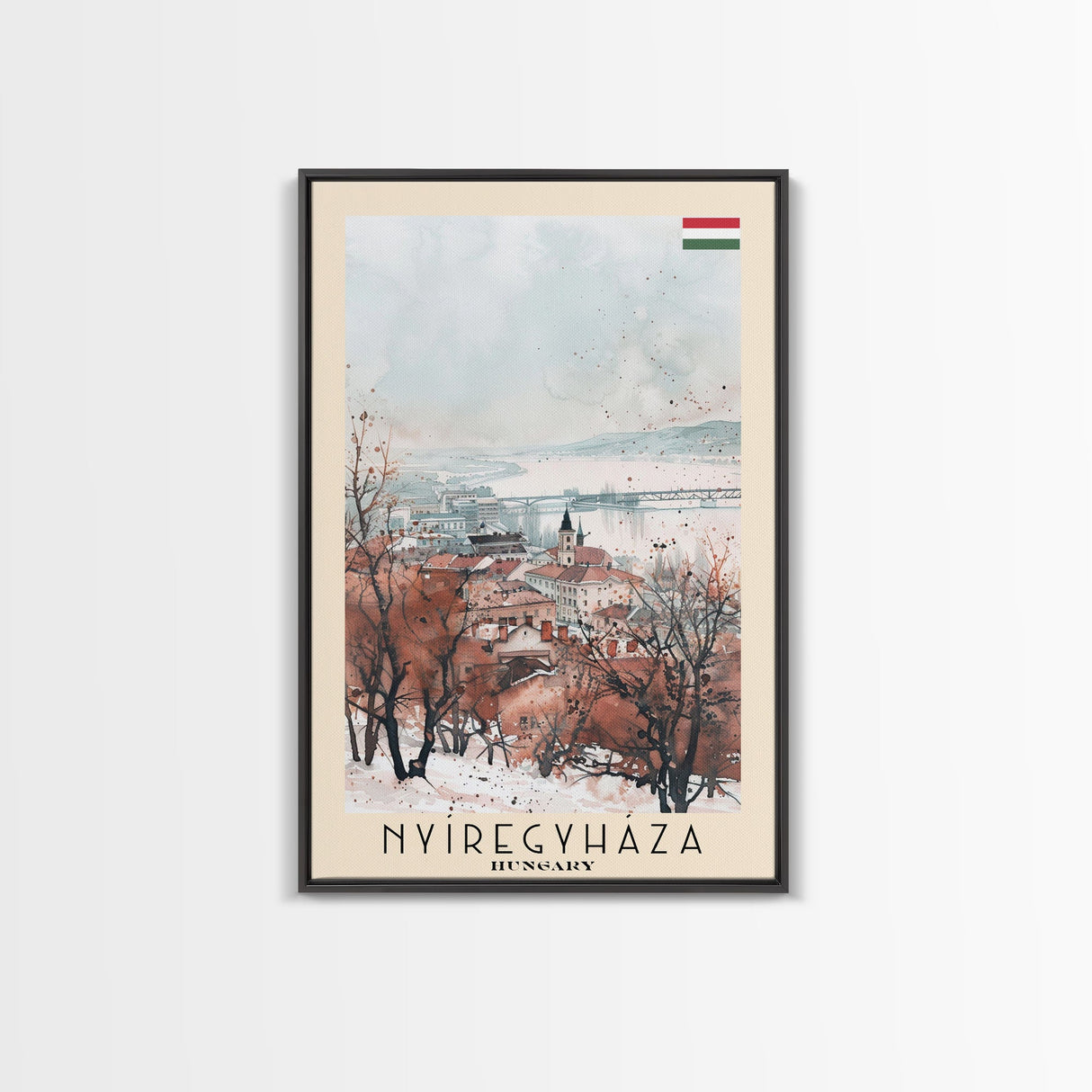 Nyiregyhaza Hungary Travel Poster Framed Canvas Print, Watercolor Painting, Scenic Wall Art, Home Decor, Hungarian Landscape, Rustic Art