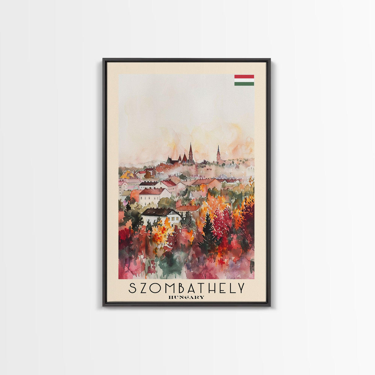 Szombathely Hungary Travel Poster Framed Canvas Print, Watercolor Painting, Scenic Wall Art, Home Decor, Hungarian Cityscape, Classic Art