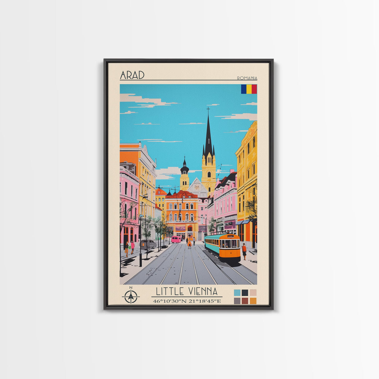 Arad Romania Travel Poster Framed Canvas Print, Midcentury Modern Art, Pop Art Wall Decor, Home Decor, Vacation Gift, Living Room Art