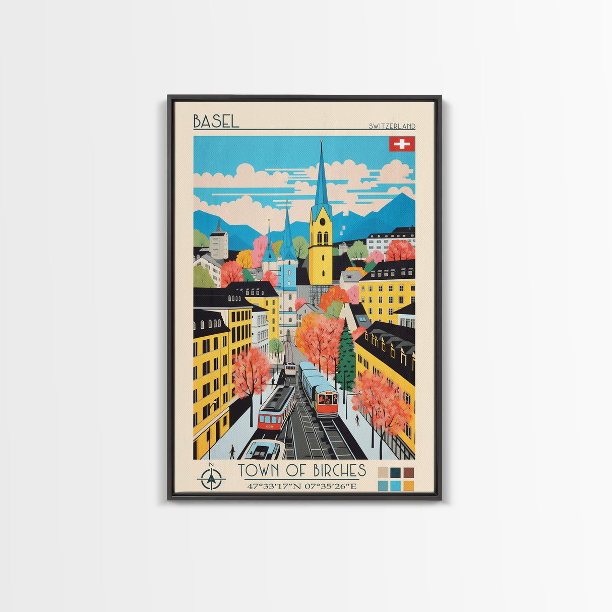 Basel Switzerland Travel Poster Framed Canvas Print, Midcentury Modern Art, Pop Art Wall Decor, Home Decor, Vacation Gift, Living Room Art
