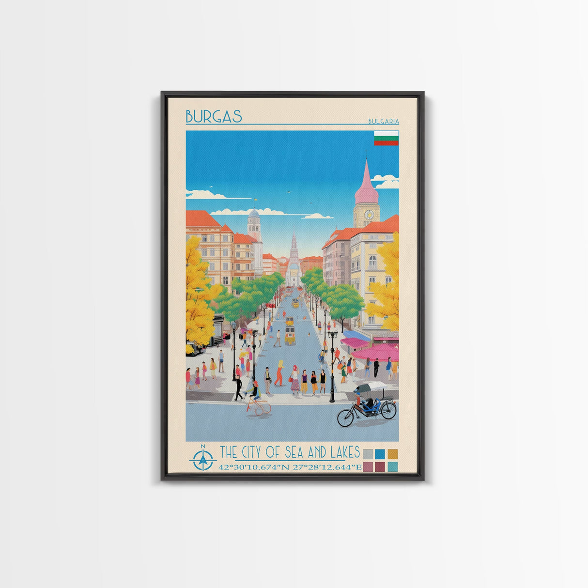 Burgas Bulgaria Travel Poster Framed Canvas Print, Midcentury Modern Art, Pop Art Wall Decor, Home Decor, Vacation Gift, Living Room Art