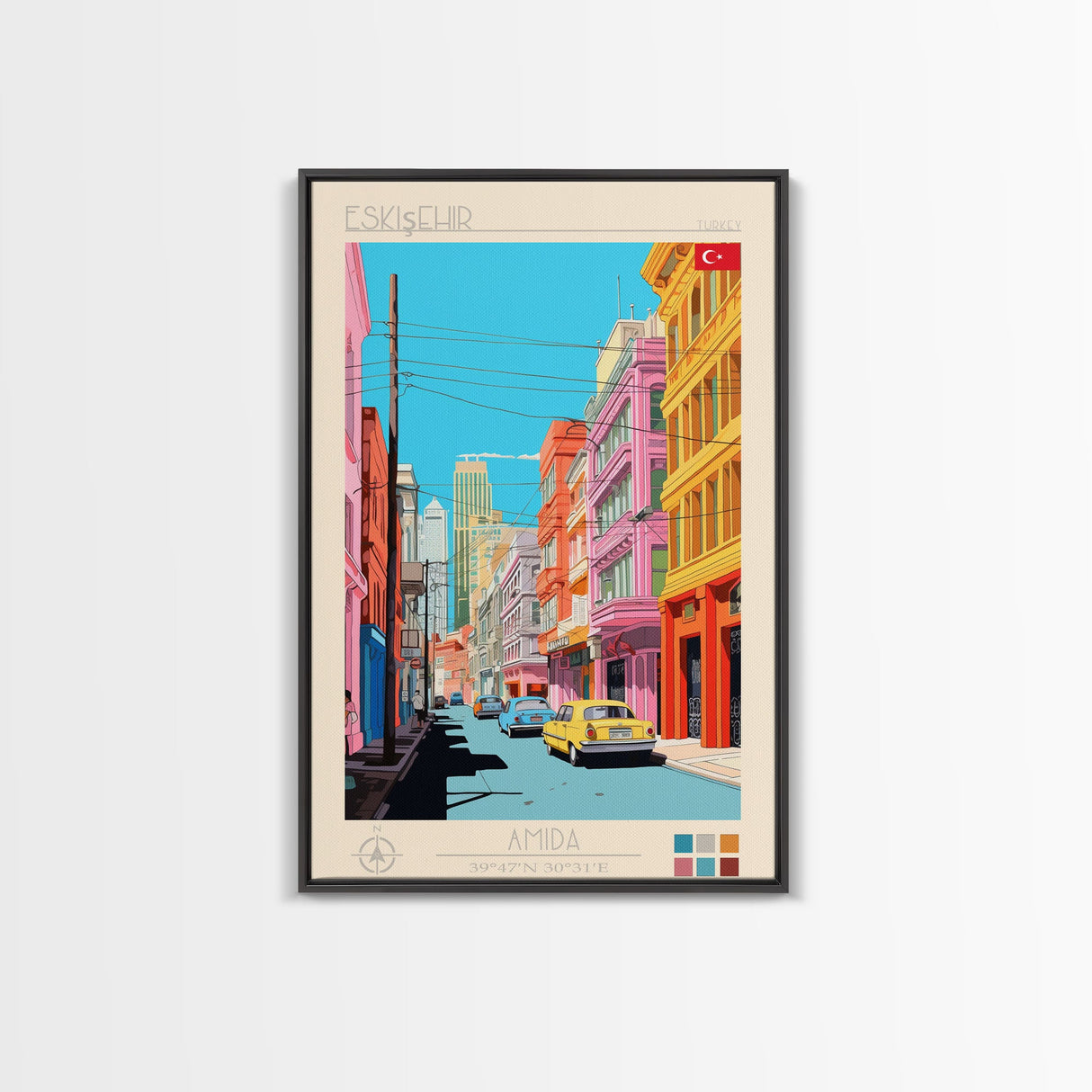 Eskişehir Turkey Travel Poster Framed Canvas Print, Midcentury Modern Art, Pop Art Wall Decor, Scenic Living Room Art, Bedroom Decor
