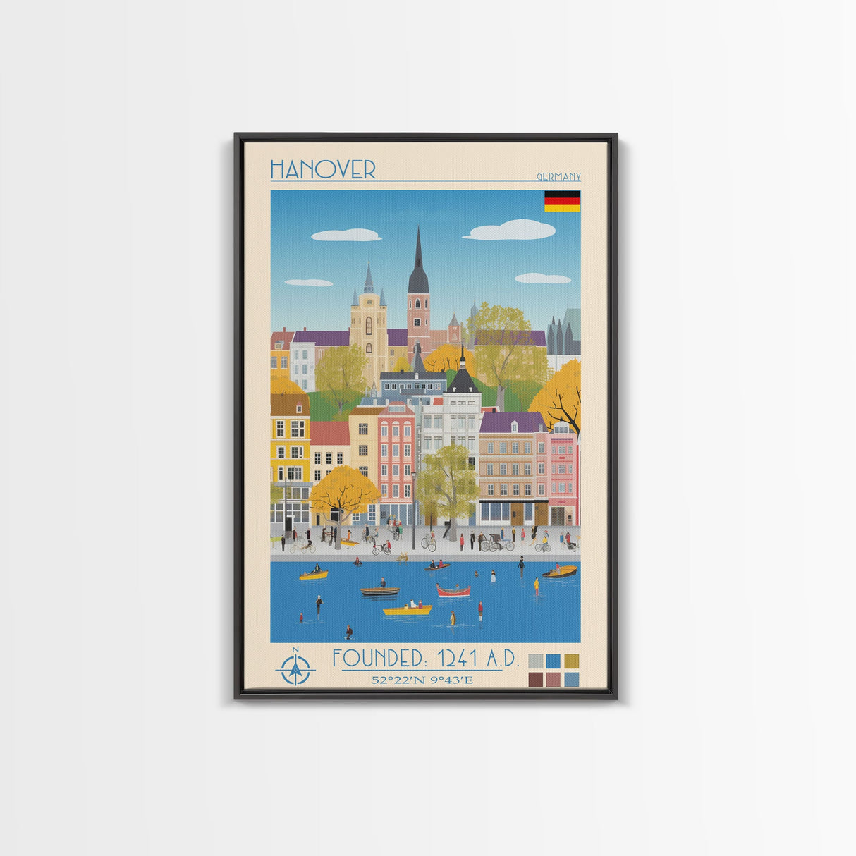 Hanover Germany Travel Poster Framed Canvas Print, Midcentury Modern Art, Pop Art Wall Decor, Scenic Wall Art, Living Room Decoration, Office Art