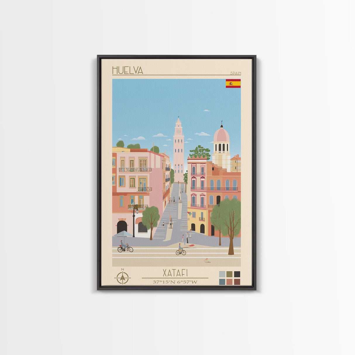 Huelva Spain Travel Poster Framed Canvas Print, Midcentury Modern Art, Pop Art Wall Decor, Scenic Wall Art, Living Room Decoration, Office Art