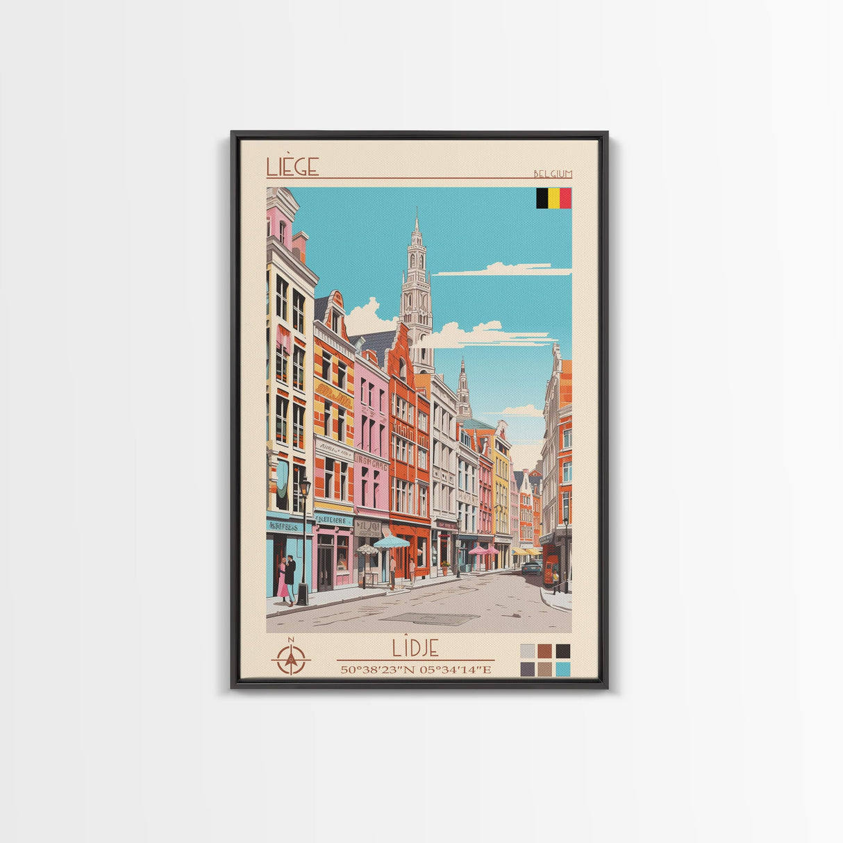 Liège Belgium Travel Poster Framed Canvas Print, Midcentury Modern Art, Pop Art Wall Decor, Scenic Art, Home and Office Decoration