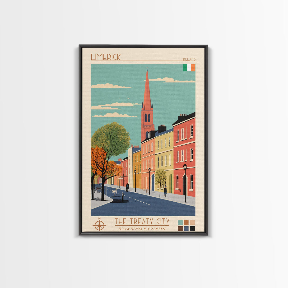 Limerick Ireland Travel Poster Framed Canvas Print, Wall Decor, Midcentury Modern Art, Pop Art, Scenic Art for Bedroom and Office