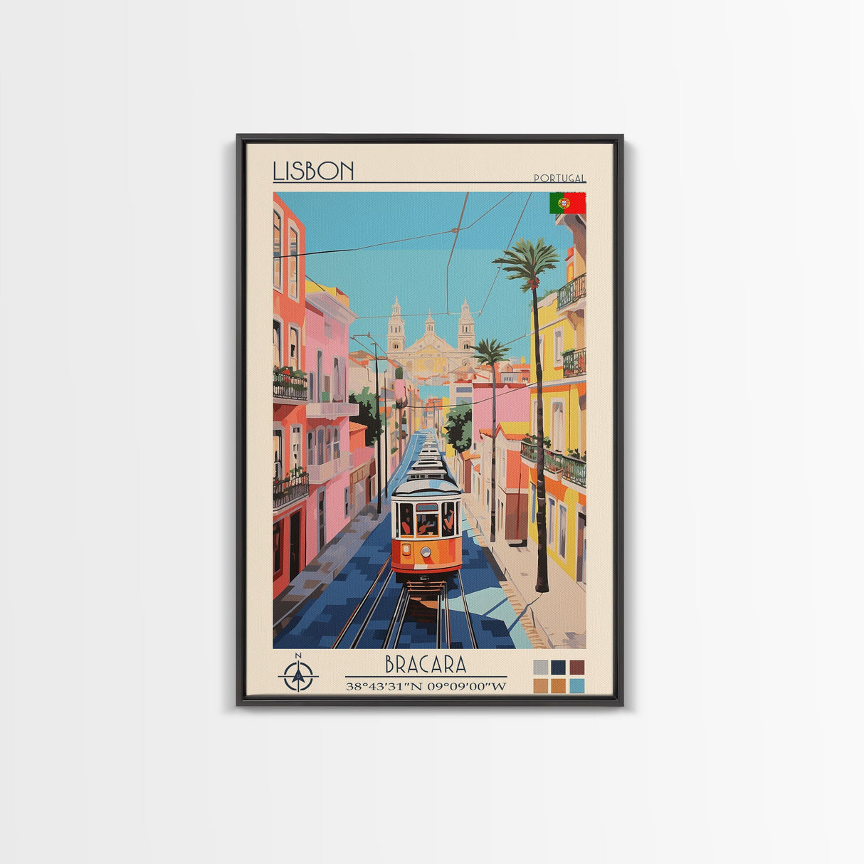 Lisbon Portugal Travel Poster Framed Canvas Print, Midcentury Modern Art, Pop Art Wall Decor, Scenic Art, Living Room and Office Gift