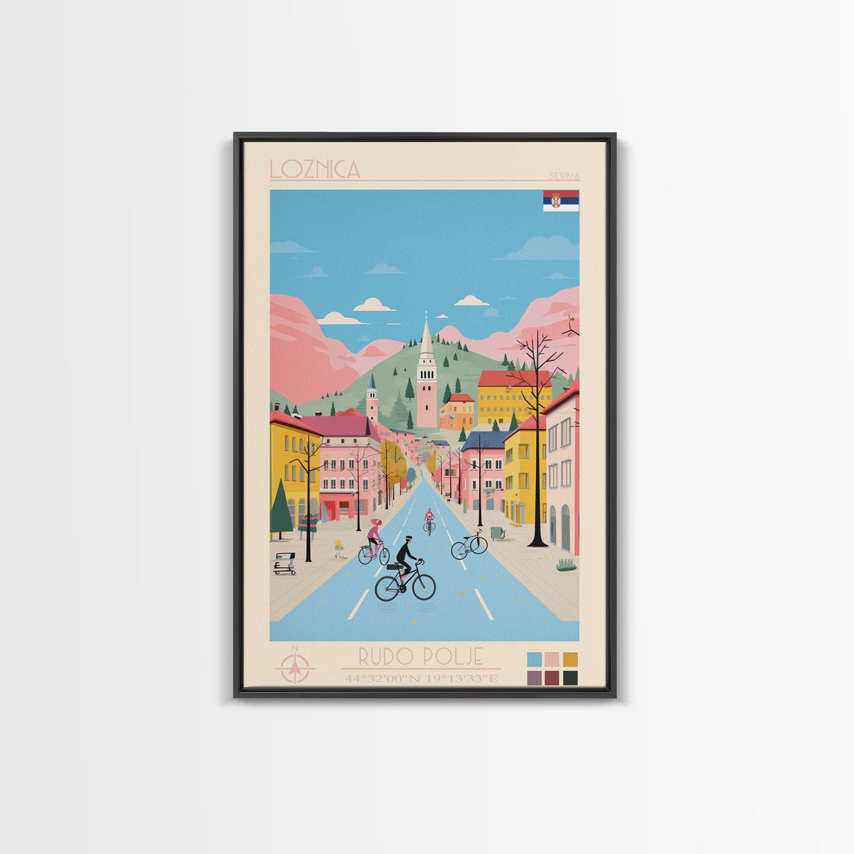 Loznica Serbia Travel Poster Framed Canvas Print, Midcentury Modern Art, Pop Art Wall Decor, Scenic Art, Home and Office Decoration