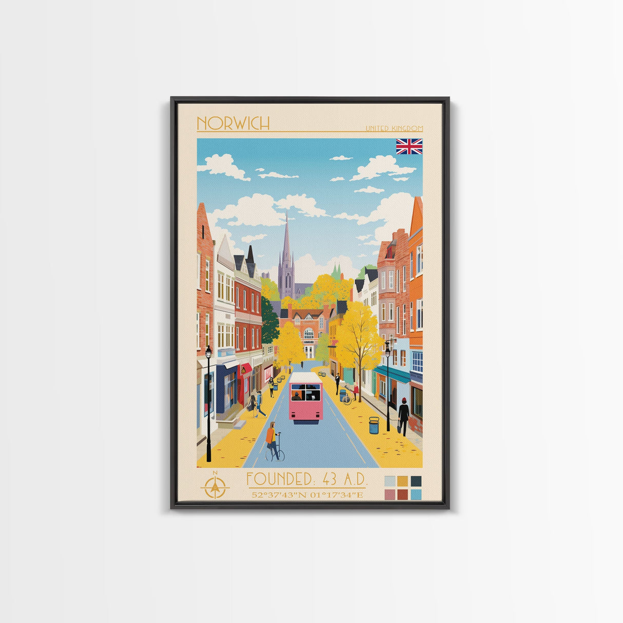 Norwich United Kingdom Travel Poster Framed Canvas Print, Midcentury Modern Art, Pop Art Wall Decor, Scenic Wall Art, Living Room Decoration, Office Art