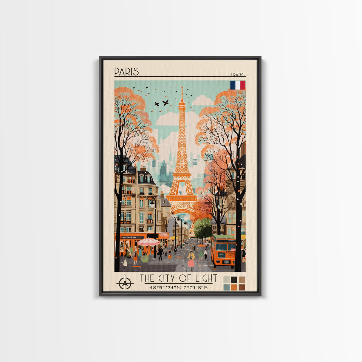 Paris France Travel Poster Framed Canvas Print, Midcentury Modern Art, Pop Art Wall Decor, Scenic Wall Art, Living Room Decoration, Office Gift