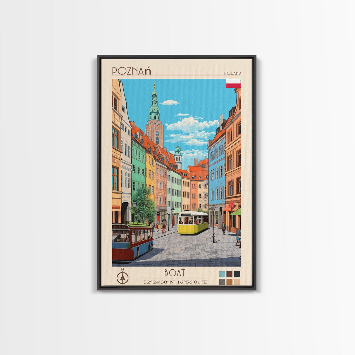Poznań Poland Travel Poster Framed Canvas Print, Midcentury Modern Art, Pop Art Wall Decor, Scenic Bedroom Art, Office Decoration