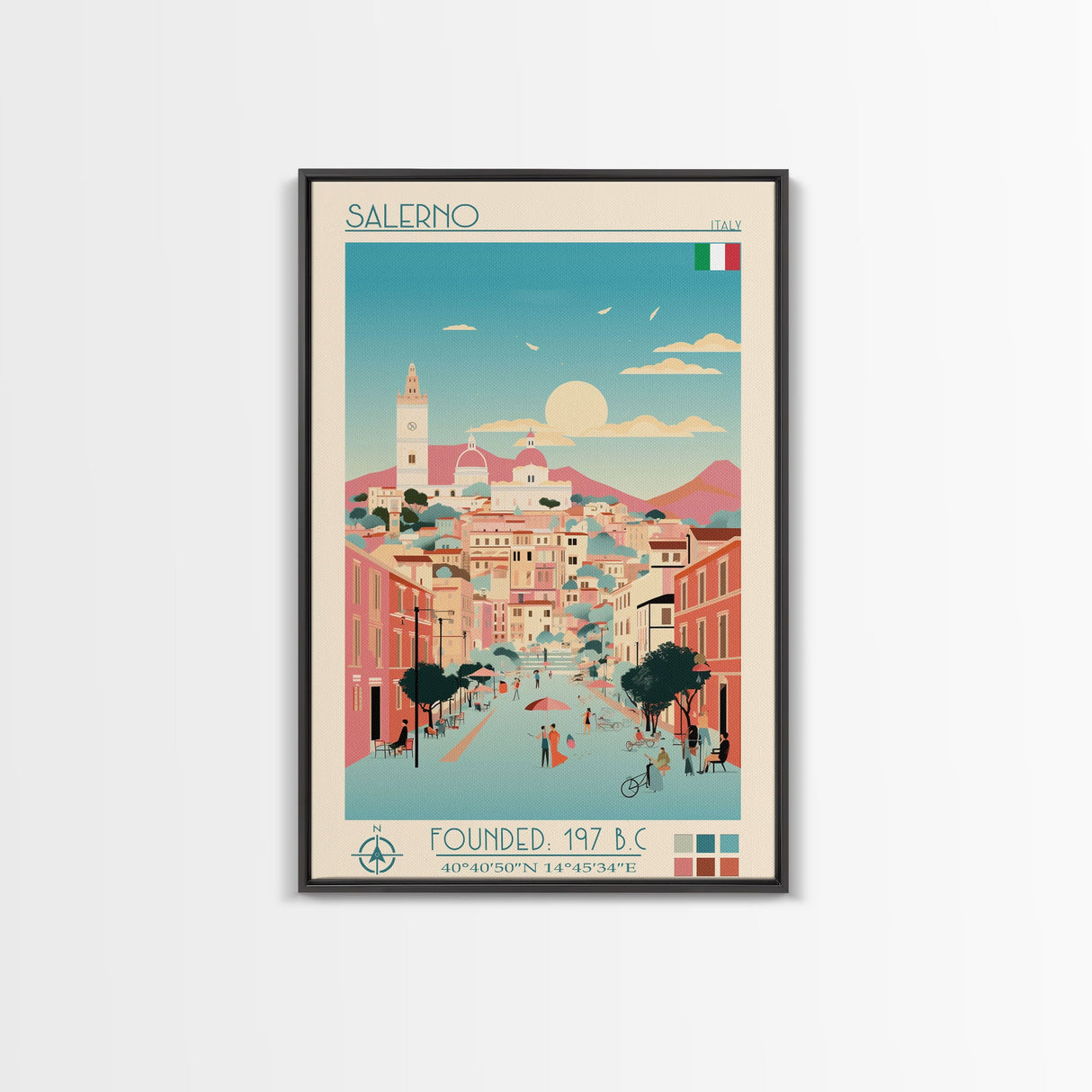 Salerno Italy Travel Poster Framed Canvas Print, Midcentury Modern Art, Pop Art Wall Decor, Home Decor, Office Gift, Living Room Art