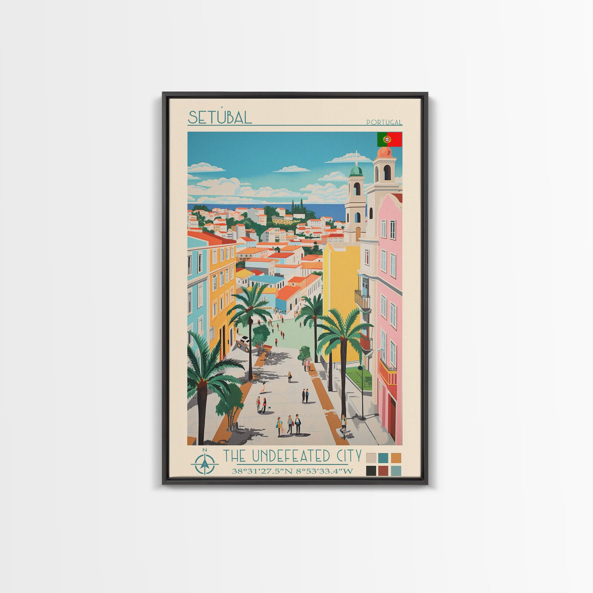 Setúbal Portugal Travel Poster Framed Canvas Print, Midcentury Modern Art, Pop Art Wall Decor, Scenic Wall Art, Office Decoration