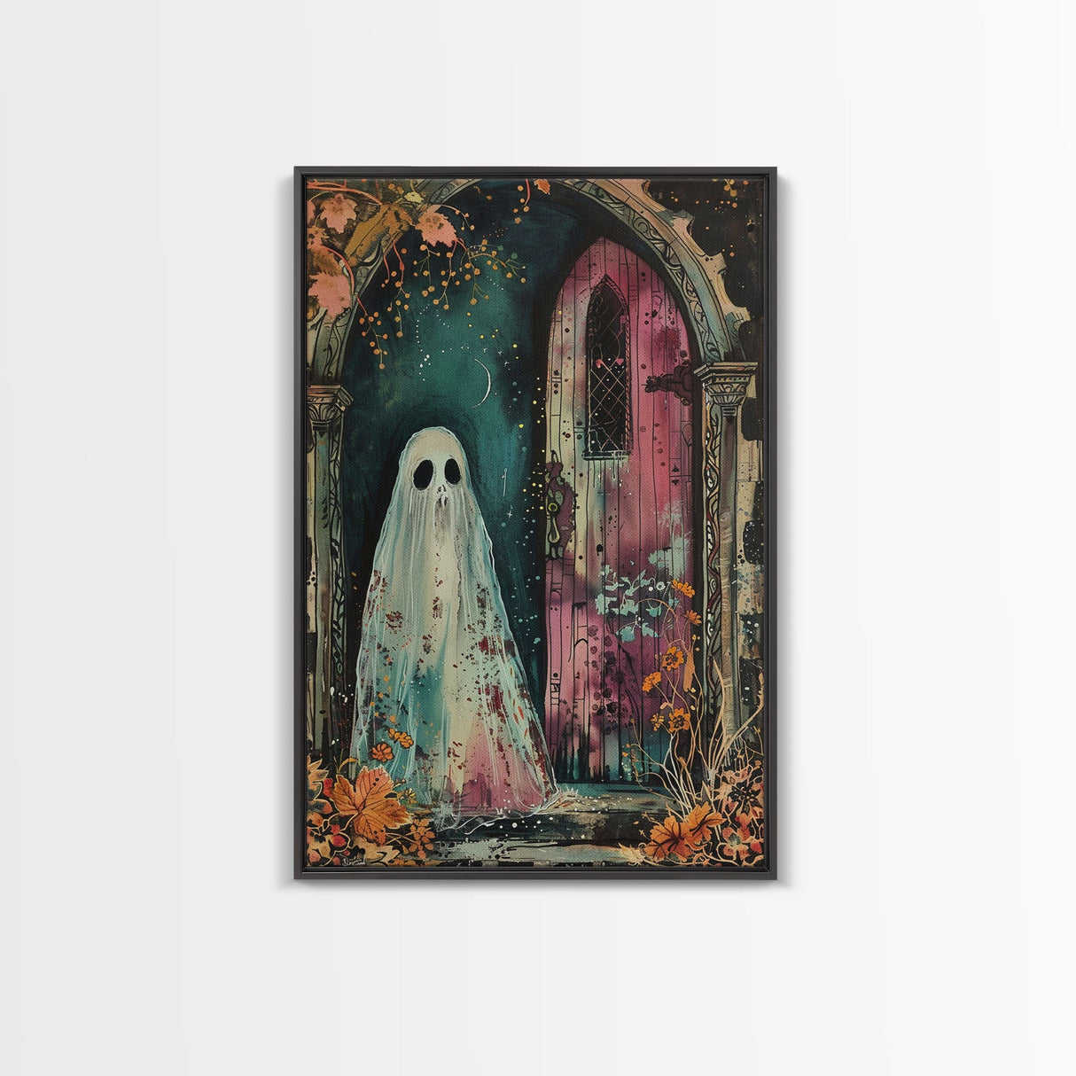 Ghostly Figure at Haunted Door Framed Canvas Print, Halloween Spirit Decor, Spooky Ghost Art, Haunted House Wall Art, Creepy Ghostly Print