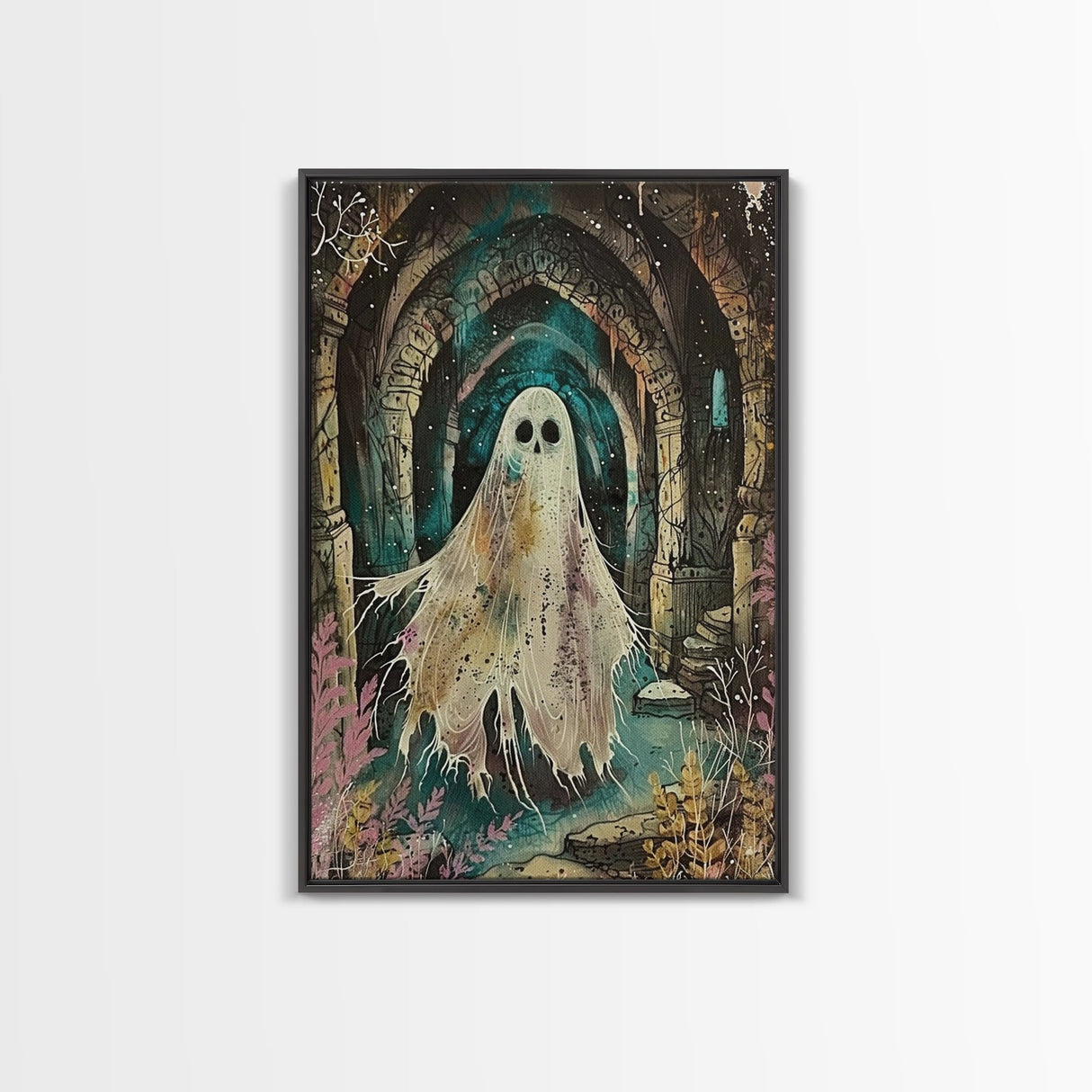 Ghostly Figure in Ancient Ruins Framed Canvas Print, Haunted Ruins Decor, Halloween Ghost Art, Eerie Ghostly Wall Art, Spooky Ghost Print