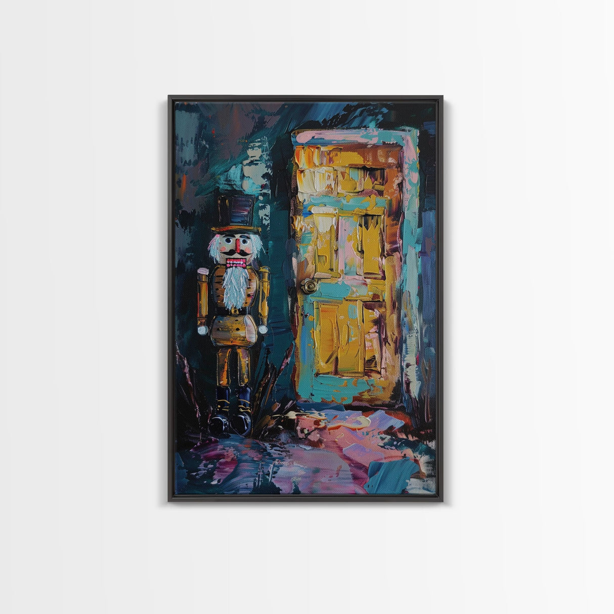 Nutcracker at Spooky Door Framed Canvas Print, Haunted Nutcracker Decor, Halloween Toy Art, Eerie Door Wall Art, Creepy Nutcracker Print