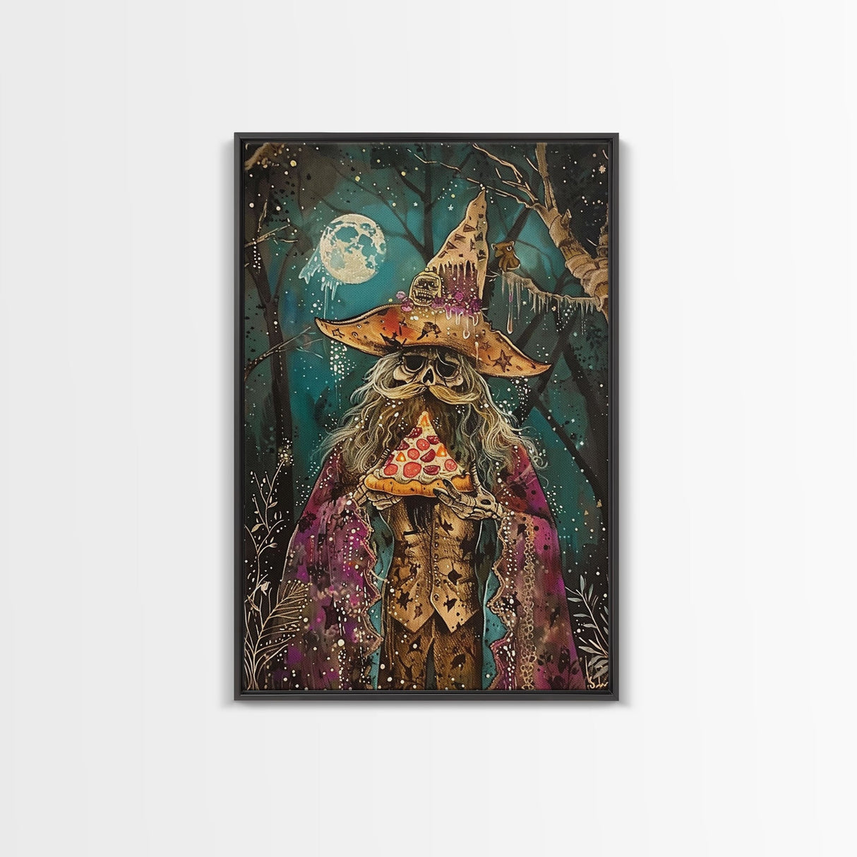 Ghostly Wizard Having A Slice of Pizza, Funny Halloween Decor, Framed Canvas Print