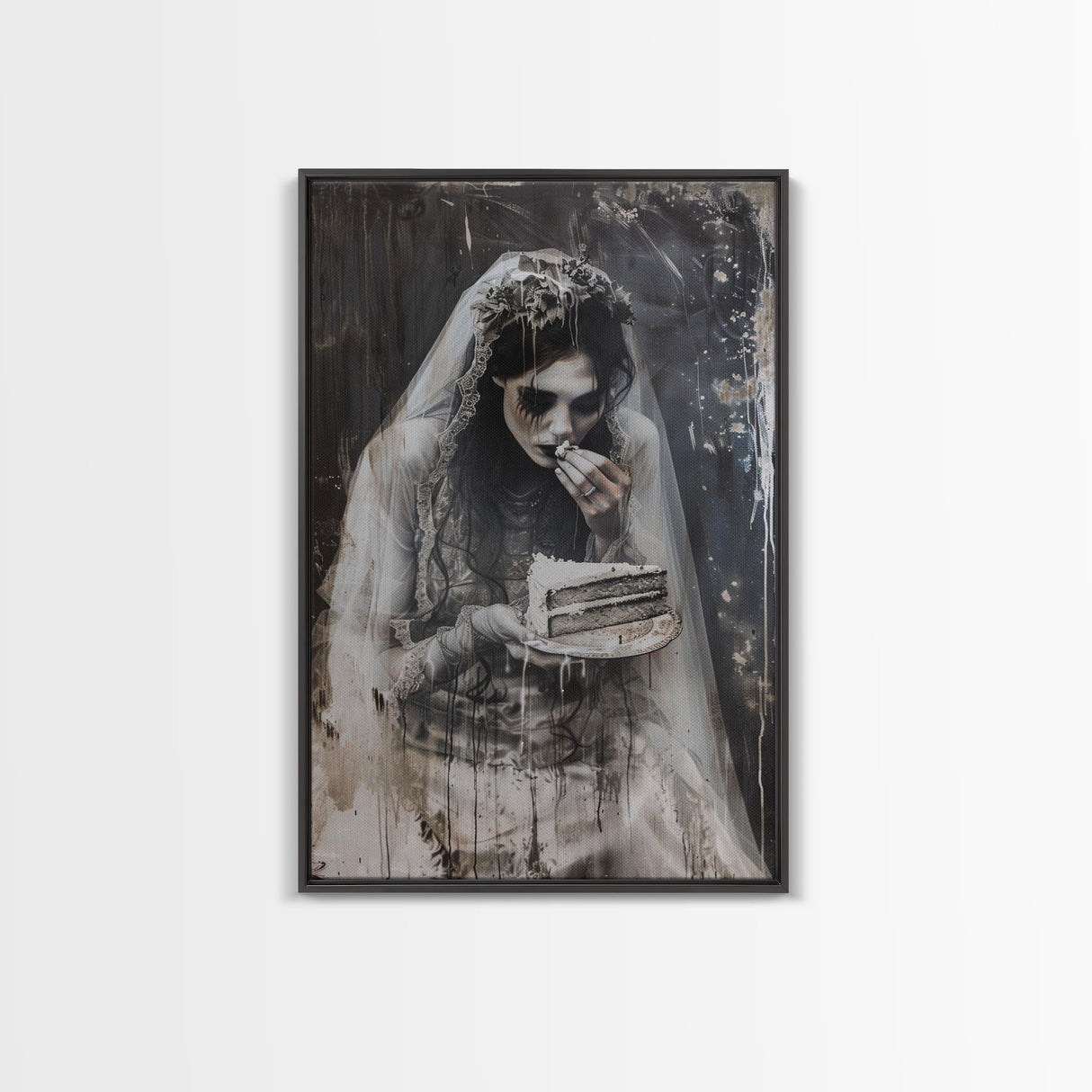 Melancholic Ghost Bride Having A Slice of Birthday Cake, Framed Canvas Print, Halloween Decor