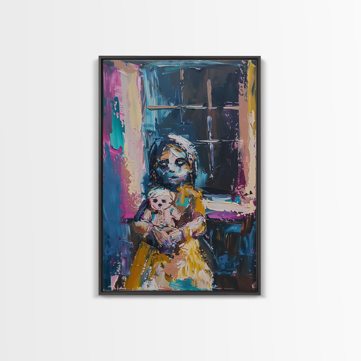 Halloween Creepy Girl with Doll, Framed Canvas Print, Wall Art, Living Room Decor, Spooky, Girl Art, Original Painting, Home Decor