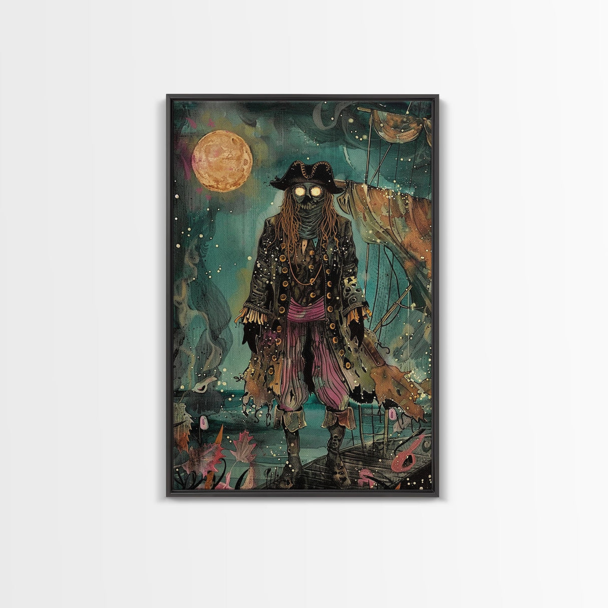 Halloween Ghost Pirate Under Full Moon Framed Canvas Print, Spooky Decor, Living Room Art, Nautical Halloween Wall Art, Home Decoration