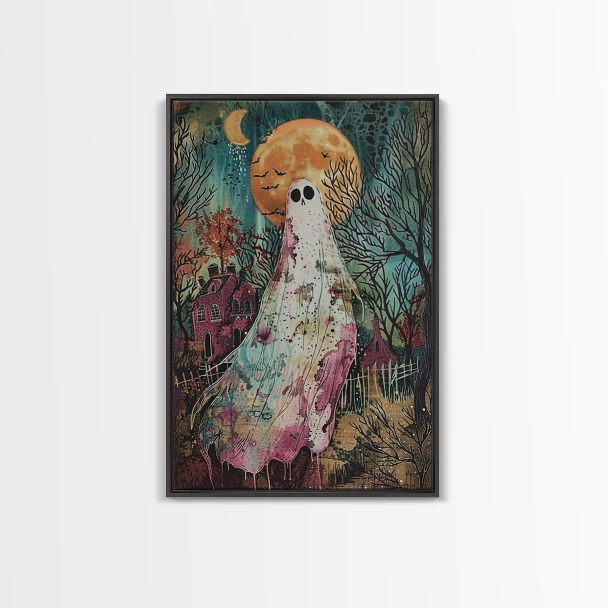 Halloween Ghost in Haunted Forest Framed Canvas Print, Spooky Decor, Living Room Art, Creepy Halloween Wall Art, Home Decoration