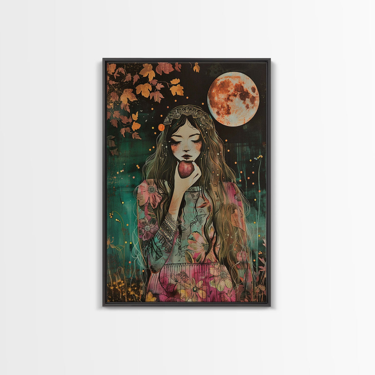 Ghostly Witch With Red Apple, Framed Canvas Print, Wall Art, Spooky Decor, Halloween Decoration, Living Room Art, Unique Gift