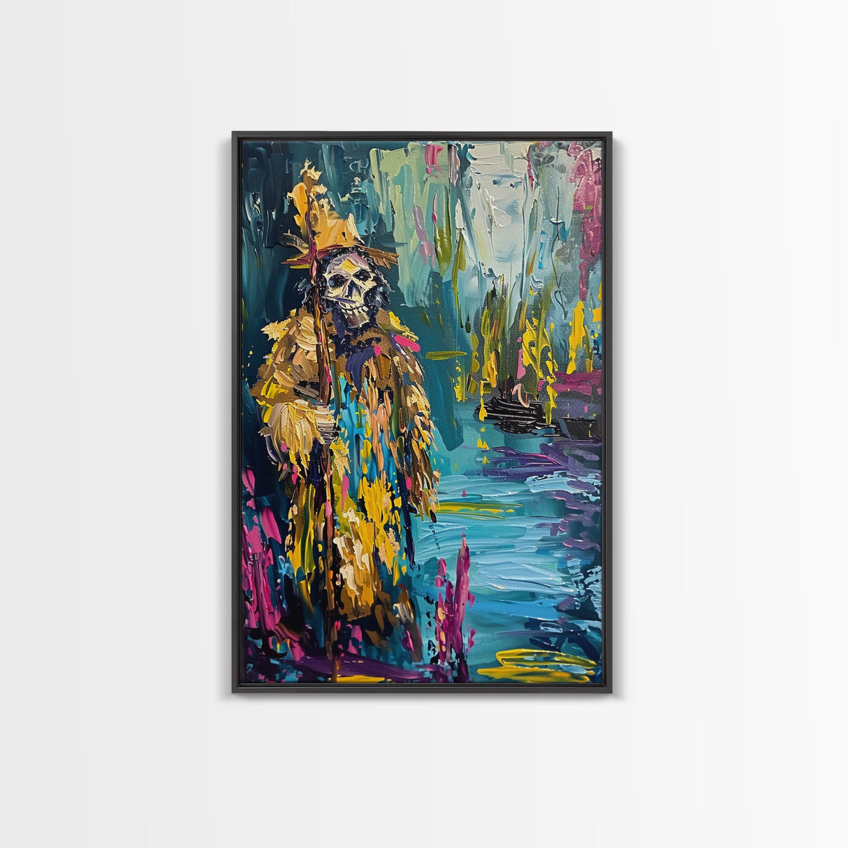 Halloween Skeleton Wizard, Framed Canvas Print, Wall Art, Home Decor, Spooky Artwork, Witchcraft Decor, Fantasy Art, Holiday Decor