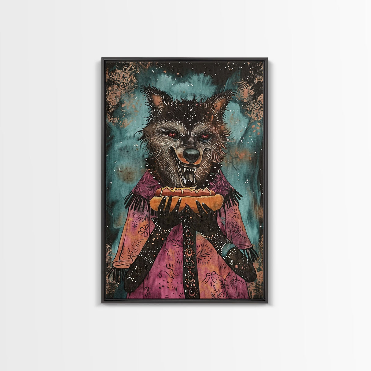 Halloween Werewolf with Hotdog, Framed Canvas Print, Wall Art, Home Decor, Spooky Artwork, Monster Decor, Halloween Decor, Funny Halloween