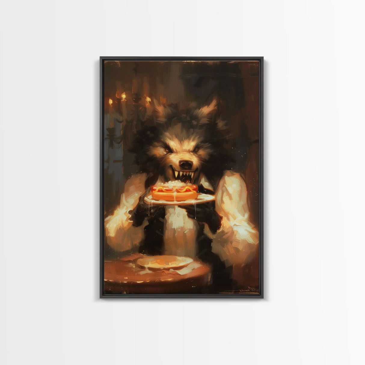 Halloween Werewolf Eating Hotdog, Framed Canvas Print, Wall Art, Spooky Artwork, Fantasy Decor, Halloween Decor, Whimsical Funny Halloween