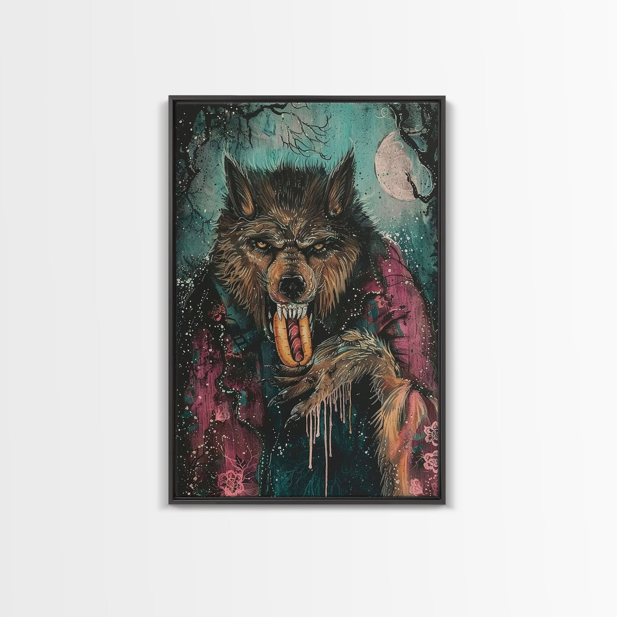 Halloween Werewolf Snarling with Hotdog, Framed Canvas Print, Wall Art, Home Decor, Spooky Artwork, Monster Decor, Halloween Decor
