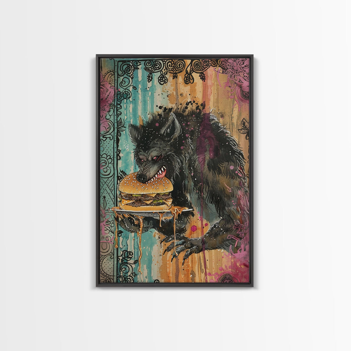 Halloween Creepy Werewolf with Burger Framed Canvas Print, Wall Art, Living Room Decor, Kitchen Art, Unique Halloween Gift, Spooky Decor