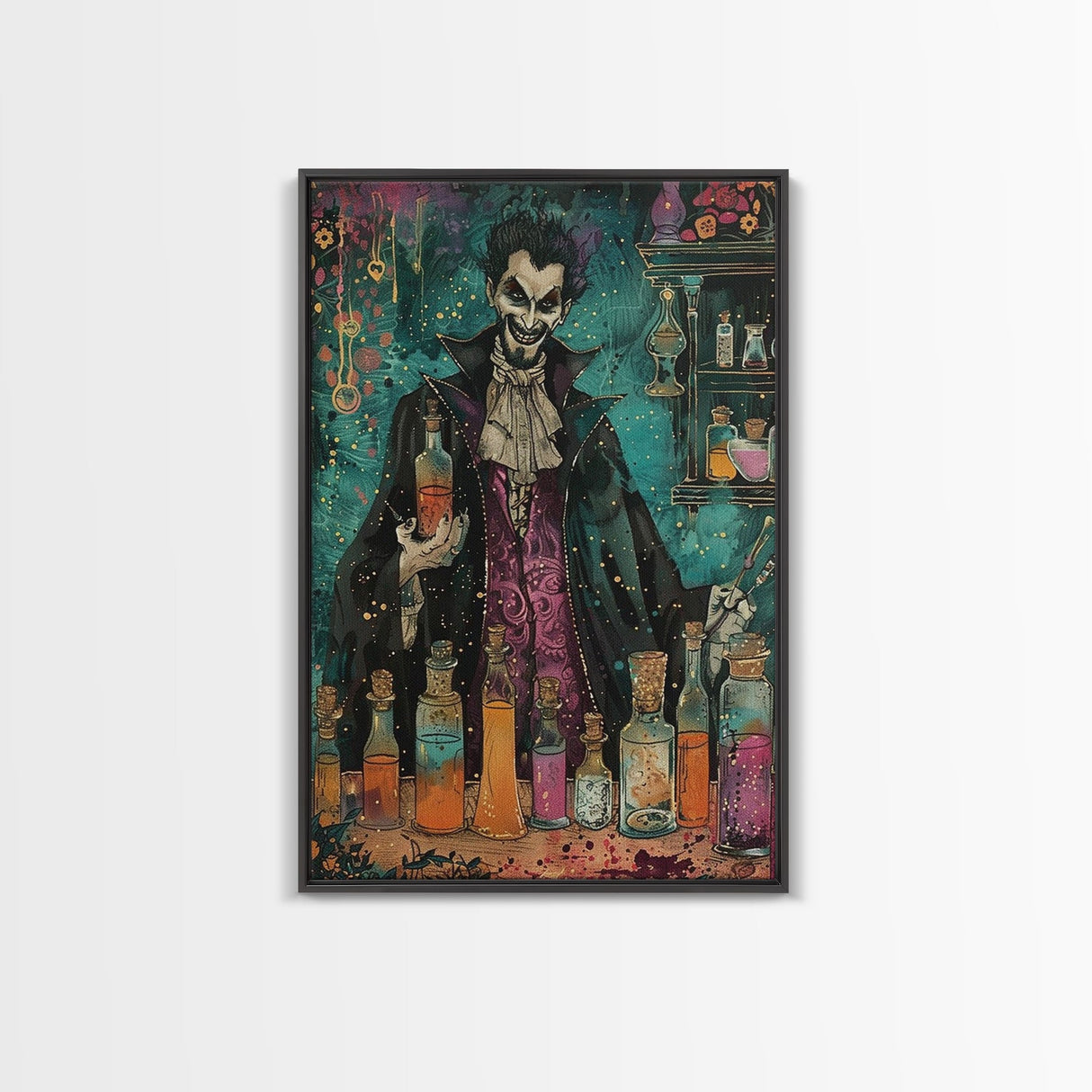 Halloween Frightening Werewolf with Burger Framed Canvas Print, Wall Art, Living Room Decor, Kitchen Art, Unique Halloween Gift Spooky Decor