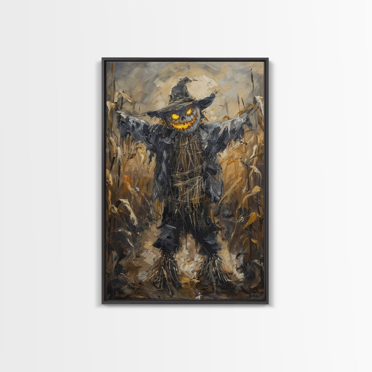 Sinister Scarecrow in Cornfield Framed Canvas Print | Halloween Horror Art | Spooky Farm Art | Creepy Scarecrow Art for Home Decoration